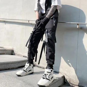 Модерен панталон-карго в стил хип-хоп 2022 година с панделки, мъжки ежедневни улични джоггеры Harajuku, панталони с много джобове