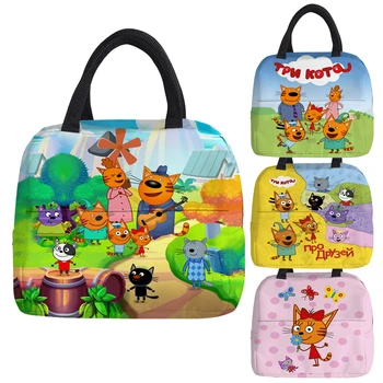 Чанта-хладилник с три котенца, обяд-бокс висока капацитет за деца, момчета и момичета, удобна чанта за обяд, водоустойчива чанта за хранене в стил Kawai за училище