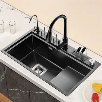 Черна степенна механична кухненска мивка Контролиран дренаж плотове Topmount Единична купа от неръждаема стомана 304, за кухненско оборудване