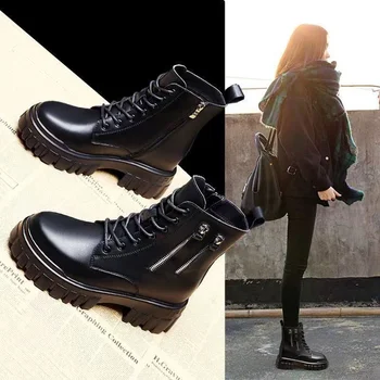 Новост 2022 г.; женски ботильоны от изкуствена кожа; дамски есенно-зимни обувки дантела с кръгла пръсти; дамски модни обувки на платформа в мотоциклетном стил;