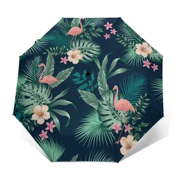 Автоматичен чадър с буйна тропическа зеленина, цветя и фламинго, трикуспидалната женски мъжки чадър от дъжд