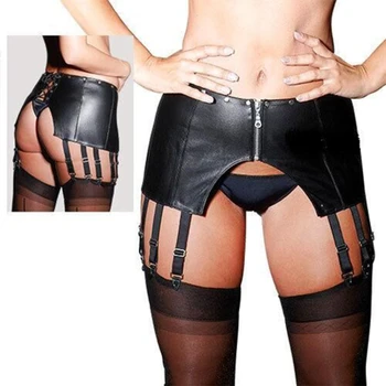 Жена черно секси колан за чорапи от изкуствена кожа, комплект стрингов, Клуб отворени жартиери с цип, комплект еротично стрингов, кожен танцово бельо