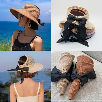Годишен женски празен цилиндър с широка периферия и лък, сламени шапки за дамите, сгъваема плажна шапка солнцезащитная