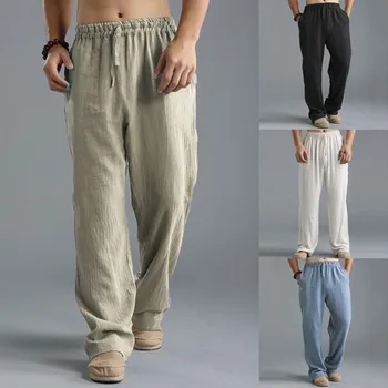 Реколта ленени панталони за мъже, летни преки свободни панталони-тромпет, панталони с дължина до пода, ежедневни панталони от памук и лен