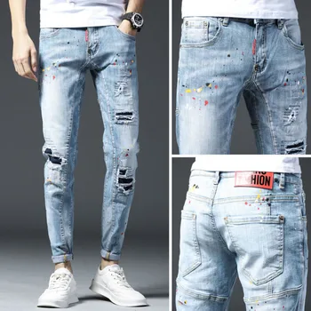 Летни сини джинси с дупки на светло, мъжки корейската версия ленти за тънки крака, модерен мъжки панталони ker001