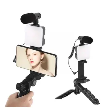 На притежателя на телефона, осветление за фотография, Скоба за смартфон, видео, Статив, Преносима Писалка за микрофон, комплект за запис на LED Selfie Stabi I1K4