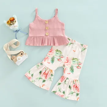 FOCUSNORM, летни сладки комплекти дрехи за малките момичета, монофонични жилетка без ръкави с волани и бутони + разкроена панталони с цветен модел, 2 бр.