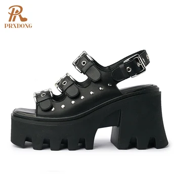 Висококачествени дамски летни обувки от естествена кожа на висок масивна ток и платформа, черно с бяла рокля, ежедневни дамски обувки, сандали, размер 34-39