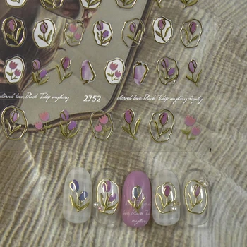 Розови сини лалета, златна Край, геометрични 5D Релефи с мека релефна, Самозалепващи Стикери за дизайн на ноктите, стикери за 3D маникюр
