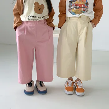 Детски дрехи, детски панталони, колекция от 2023 година, пролетта обикновена ежедневни прави панталони в корейски стил за момчета и момичета, свободни широки и дълги панталони