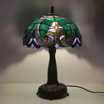LongHuiJing 12-инчов европейската сънливи настолна лампа в стил ретро Тифани в стил Тифани със синьо абажуром и основа от с сплав