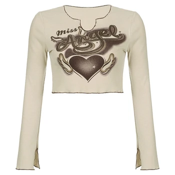 MXMA, есенна еластична тениска с дълги ръкави и принтом, женски съкратен блузи, ежедневни тениски с графичен дизайн
