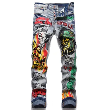Мъжки дънки с принтом графити, цветни дънкови панталони-участък Y2K Slim Fit, модерни улични панталони в контрастен цвят, мъжки