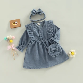 Citgeett, есен хубава рокля за малки момичета рокля с трапецовидна форма с волани и бутони, превръзка на главата с лък и чанти, дрехи