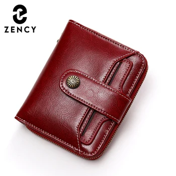 Zency 100% Естествена кожа, Модерен Дамски портмоне с цип, къси портфейл, красив джоб за монети, Притежателите на карти, жълто, синьо