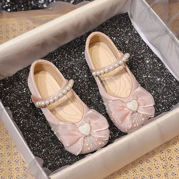 Малки кожени обувки за момичета; Новост лятото 2023 г.; Обувки на принцесата с Кристали на мека подметка за момиченца; Модни вечерни обувки