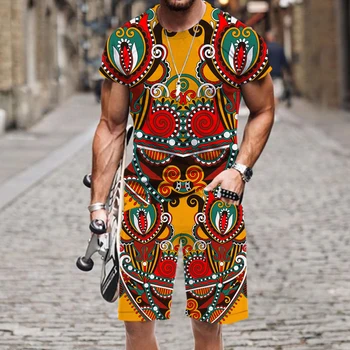 Лятна Мъжка тениска в етнически стил Ретро с 3D принтом на Цветя/Shorts/Костюми, Ежедневни графични потник + Панталон, Комплект от 2 теми, мъжки плажно облекло