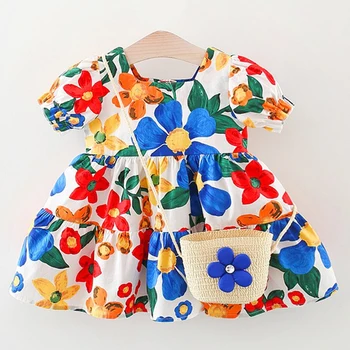 Комплект детски дрехи от 2 теми, лятна рокля за момичета, корейската мода, памучни рокли за деца с къси ръкави и големи цветя + чанта BC339