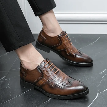 2023 Мъжки Модел обувки от Естествена Кожа, дантела, Луксозни Модерни Сватбени Обувки за Мъже, Улични Луксозни Обувки-Oxfords в Италиански Стил