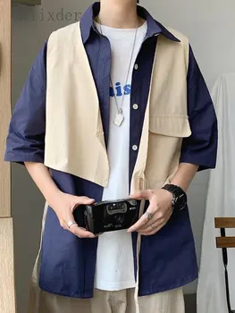 Gmiixder Фалшива работно облекло от две части, риза с къс ръкав, мъжки корейската риза със свободни джобове, яке с контрастиращ цвят, лятна блуза за момчета