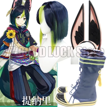 Genshin Impact Ti NaLi Ролева игра, обувки за Тигнари, обувки, cosplay, мультяшная игра, Genshin, синьо-зелени къси изкуствена коса, перуки, с уши