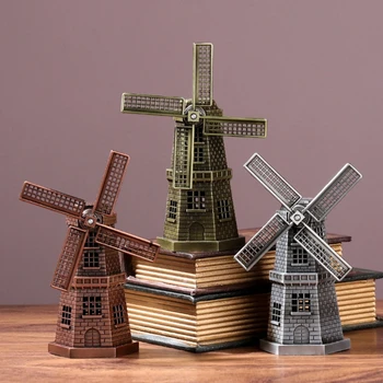 Реколта Антична бронзова метална холандски модел на вятърна мелница, статуетка сгради, Мебели за работния плот, Начало Декор за масата
