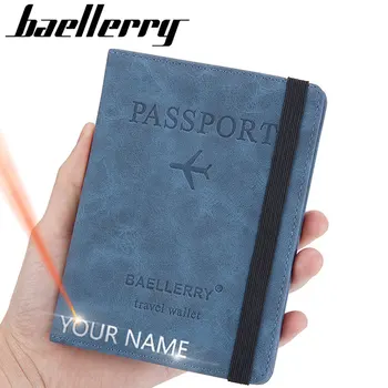 Baellerry Нова RFID-чанта за паспорт, мъжки портмонета с гравиране на име, мъжки портмонета, капаци за загранпаспортов, държач за кредитни карти, портфейл Унисекс