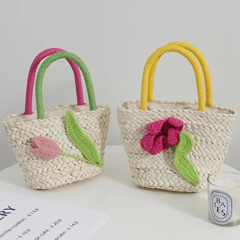 Малка прясна слама чанта с цвете лале 2022, нова чанта ръчна изработка от царевично люспи, нишевая чанта от ратан