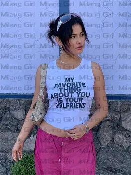 Лятна жилетка с писмото принтом Y2K, дамски модни базова тениска на тънки бретелях без ръкави, с кръгло деколте, готина градинска дрехи за момичета, реколта готически дрехи