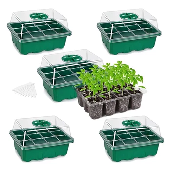 5 бр., пластмасова тава за семена, стартови комплекти за разсад, стартов комплект за растенията с овлажнители и основание (12 клетки в тава), зелен