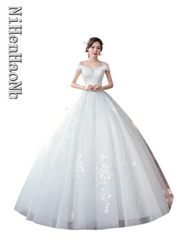 2023 Ново сватбена рокля с елегантно деколте лодка, отворени рамене, завързана бродерия, дантела, голям размер, тънка рокля на булката