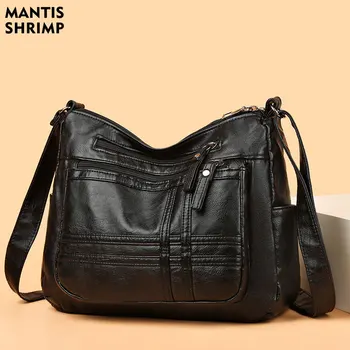 Дамска чанта, нова дамска чанта в ретро стил дамска чанта на средна възраст, мека чанта-месинджър от изкуствена кожа, реколта черна чанта през рамо