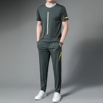 Летни мъжки комплекти Minglu (тениски + панталони) Луксозни Спортни Ежедневни мъжки Костюми с къс ръкав и кръгла яка, мъжки панталон с еластична талия 4XL