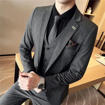 Изискан мъжки младежта облекло (костюм + жилетка + панталон, модерен британски приталенная ежедневни бизнес дрехи големи размери, красиви три мъжки комплект