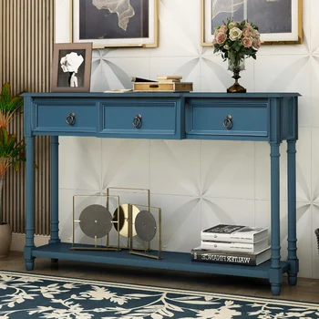 Конзола маса TREXM, двоен разтегателен диван, холна маса с чекмеджета за хол и дълги рафтове (стара тъмно синьо)