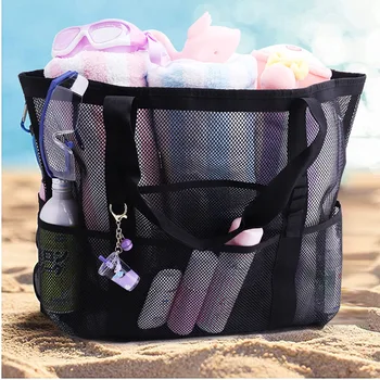 Плажна чанта с голям размер за играчки, водонепроницаемое бельо, имат плажна чанта-тоут, 8 джобове, лятна голяма плажна чанта за кърпи за ръце, здрава мрежа