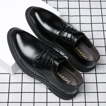 Мъжки бизнес обувки с остри пръсти, новост 2023 г., пролетно-есенна мъжки обувки на дебела подметка с шнур, дишаща кожена официалната работна обувки за кариера