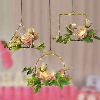 Венец с обръч от рози, лек цветен стенен декор с мед, гирлянди, геометрични пръстени, украса за сватба у дома