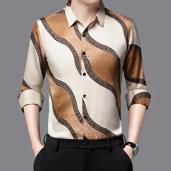 Мъжки коприна риза с дълъг ръкав Пролет 2023, мъжки ежедневни ризи с принтом