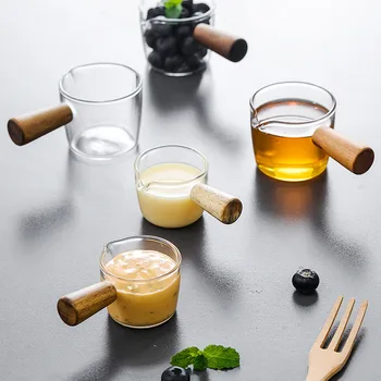 Многофункционално стъклена чиния за вкус, мини-чаша за кафе, мляко, соусница с дървена дръжка, стъклена чиния за сос, оцет, захранващи съдове