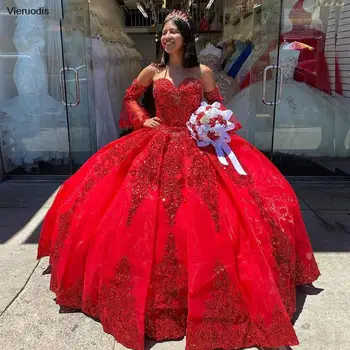 Червени Блестящи буйни рокли 2021, Лейси апликация, расшитый мъниста корсет от дантела, сладка рокля на принцеса 15, выпускное рокля за бала