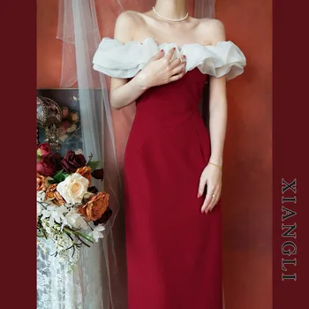 Елегантни бордо сатен дамски рокли за абитуриентски бал в стил Хепбърн с открити рамене, дълга вечерна рокля, фино бельо банкет рокля
