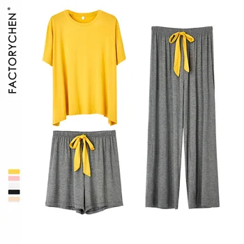 Висококачествени модални пижамные комплекти от 3 теми, лятно ежедневното дамско бельо за мързеливи, свободна и обтягивающая дрехи за почивка, Континентален Китай