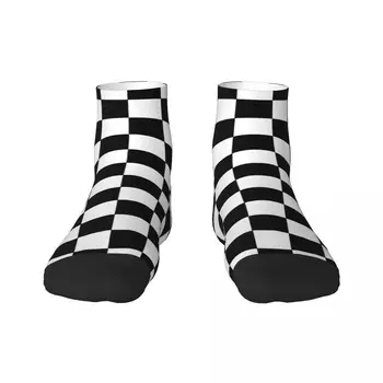 Забавни мъжки черно-бели чорапи в клетката, Унисекс, удобни чорапи за екипажа с 3D печат в геометрична клетка