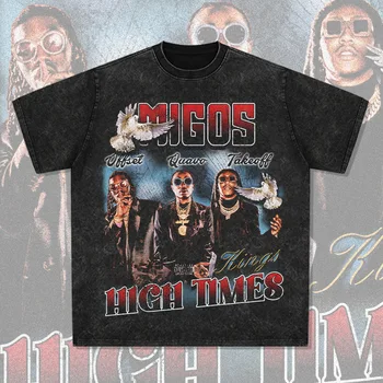 Хип-хоп екип Migos 90-те години на Реколта Унисекс, черен тениска за по-възрастните мъже, градинска облекла, памучни тениски, мъжки къси блузи с дълъг ръкав, Размер оверсайз
