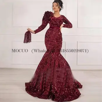 Арабското дубайское Бордовое Вечерна рокля Русалка с пайети, V-образно деколте, дълги ръкави, рокля за бала, близкия изток вечерни халати