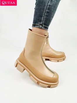 QUTAA/ Новост 2023 г., Ins, женски ботильоны на платформата, Базова Обувки от естествена кожа на среден ток, Дамски Ежедневни Зимни обувки в Челси, Размер 34-43