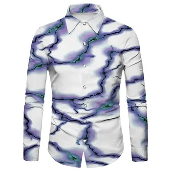 Мъжки ризи с принтом във формата на мълния, бяло и лилаво, сиво-бели върхове на подкова, ежедневно облекло с дълги ръкави