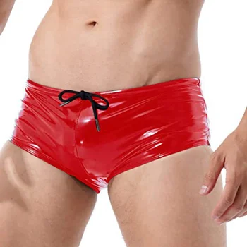 Секси мъжко бельо от изкуствена кожа с завязками от PVC, боксерки, шорти-боксерки, без изрезки, мъжки U-образни мъжки гащи с ниска талия