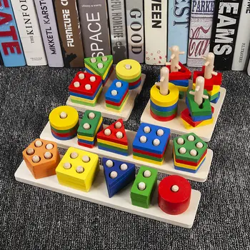 Детски четырехстоечные геометрични моделирующие строителни блокове MontessoriToys Macaron JigsawPuzzle Учебни помагала, Детски дървени играчки